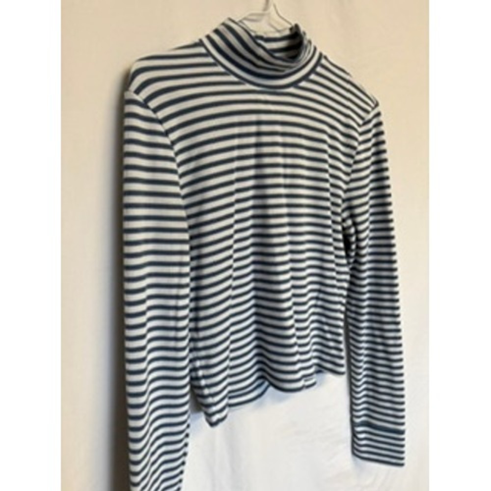 American Eagle Women XL Blue White Striped Waffle Knit Mock Neck Long Sleeve Top